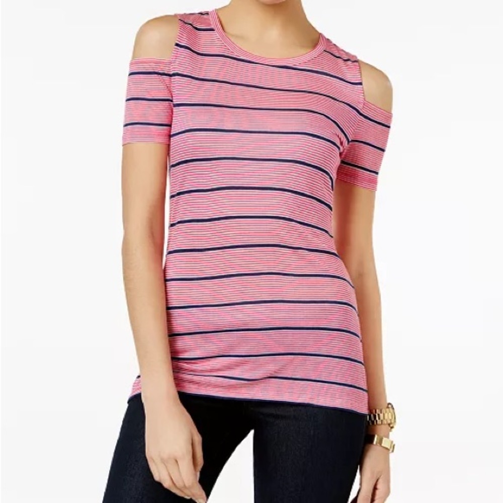 Michael Kors Pink and Black Striped Cold Shoulder Top